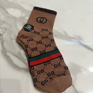 Gucci Brown GG Monogram Crew Sock with Green-Red Web Stripe